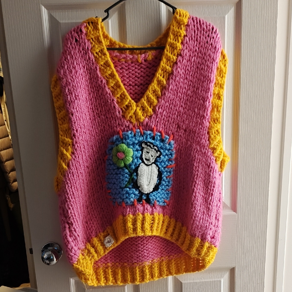 Colorful Knit Vest with Bear Design